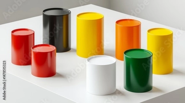 Obraz Colorful Cylindrical Containers on Minimalist White Surface