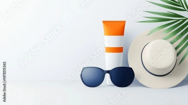 Obraz Summer Essentials for Beach Day: Sunscreen, Hat, and Sunglasses