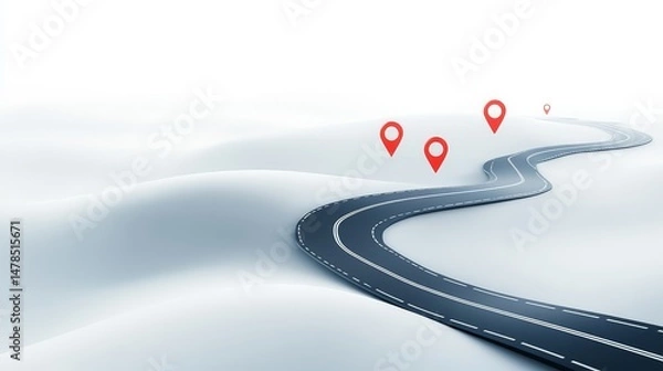 Obraz Curved Road with Location Pins in a Misty Landscape Environment
