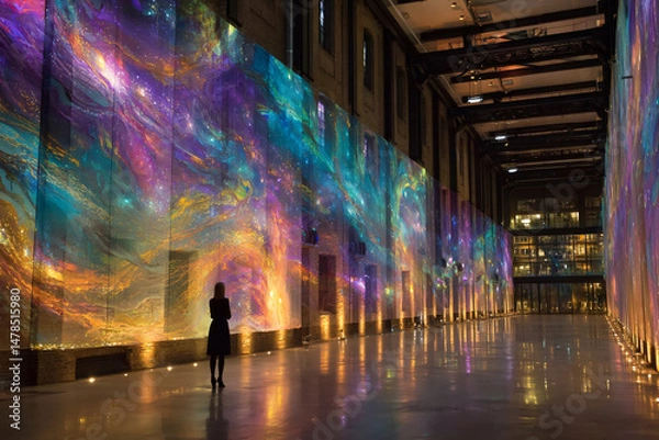 Obraz Modern Urban Art Installation: Nighttime Exhibit with Youthful, Dynamic Patterns and Textures in Architecture Featuring Digital Light and Shadow Reflections at Gallery, Showcasing Interactive Visual