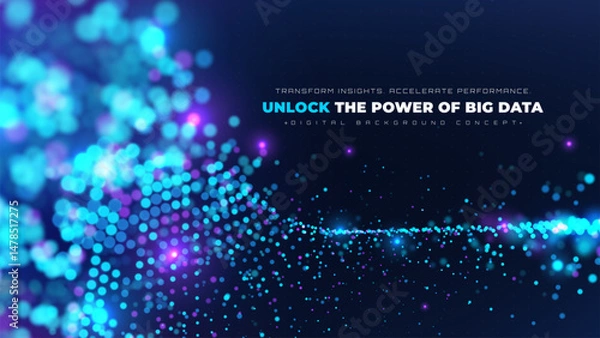Obraz Big digital data flow with abstract glowing particle waves, vector illustration design concept for futuristic technology background, science, cyber security.