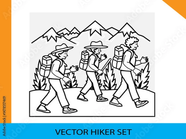 Fototapeta Adventure Awaits: Hiker Vector Set, Explore the Wild: Hiking Gear Vector Collection,  Wilderness Ready: Hiker Icons & Equipment Vectors, Nature Trekkers: Hiking Vector Illustration Pack, Into the Moun