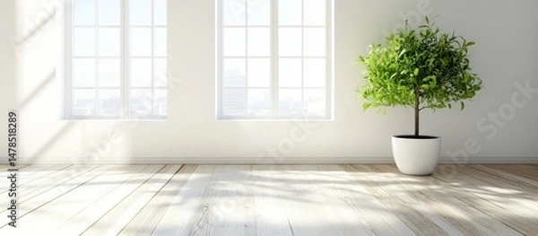 Fototapeta minimalist interior showcasing a sunlit room with wooden flooring, large windows casting shadows, and a vibrant green potted plant, offering a serene and refreshing ambiance