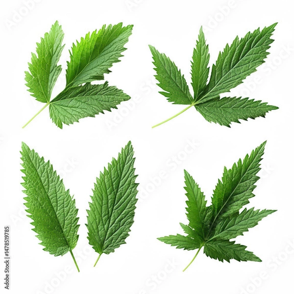 Fototapeta Four Varieties of Fresh Green Leaves Isolated on Transparent Background for Natural and Botanical Design Elements