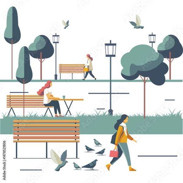 Obraz Art & Illustration Art & Illustration Vector illustration of a girl walking in the park with pigeons.