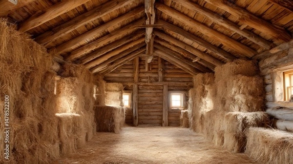 Fototapeta Step Into a Picturesque Rustic Barn Overflowing with Sunlit Golden Straw for Authentic Farmhouse Living