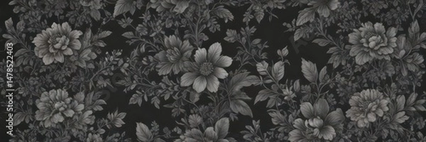 Fototapeta Elegant charcoal small-scale floral wallpaper  Intricate botanical details, seamless repeat , modern, botanical, stylish