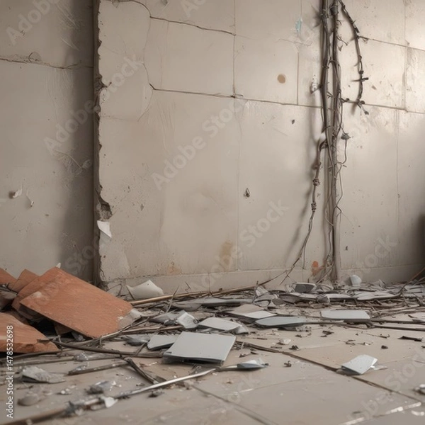 Fototapeta Crumbling tile, sharp glass shards, electrical wires ,  detail,  damage,  grime