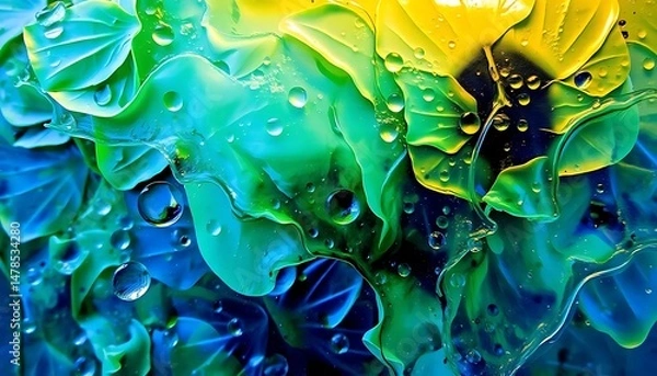 Fototapeta Vibrant fusion of blue, green and yellow tones with water droplets surreal