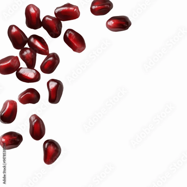 Obraz Pomegranate Seeds Scattered on Dark Red Transparent background, Copy Space