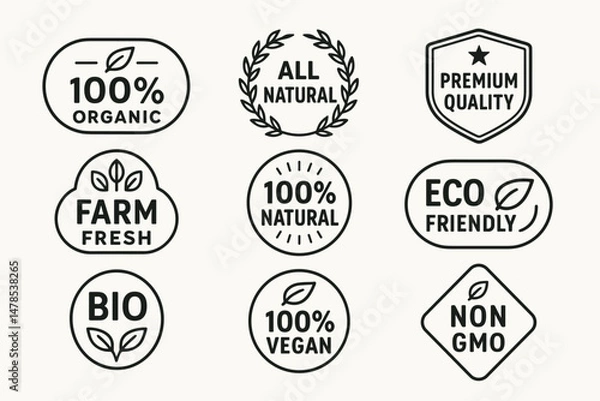 Fototapeta Eco friendly and organic food product vector badges and bio label icons set