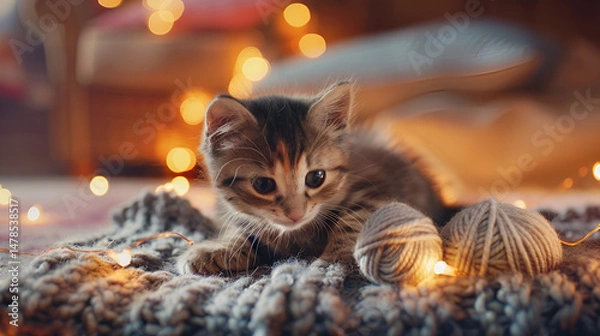 Fototapeta Kitten lying on a knitted blanket with yarn balls and fairy lights in soft focus background scene indoors .