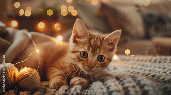 Fototapeta Ginger kitten lying on a knitted blanket with yarn balls and string lights in a cozy setting .
