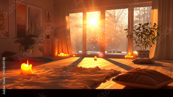 Fototapeta Illuminated room with candles, pillows, and a plant near a bright window during sunset time light .