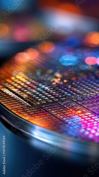 Fototapeta Silicon wafer close up abstract futuristic technology colorful light reflection macro shot semiconductor manufacturing innovation