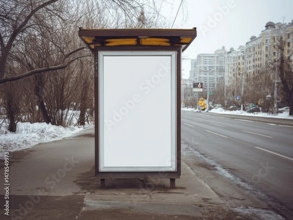 Fototapeta Blank billboard mockup at bus stop in city street on winter day eye level view for advertising