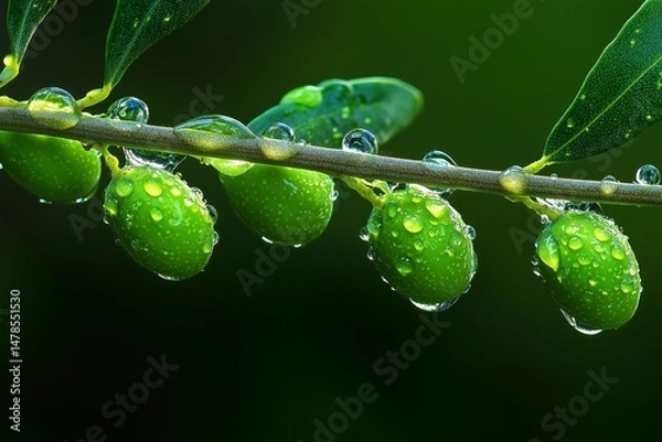 Fototapeta Fresh Green Olives with Water Drops on Branch