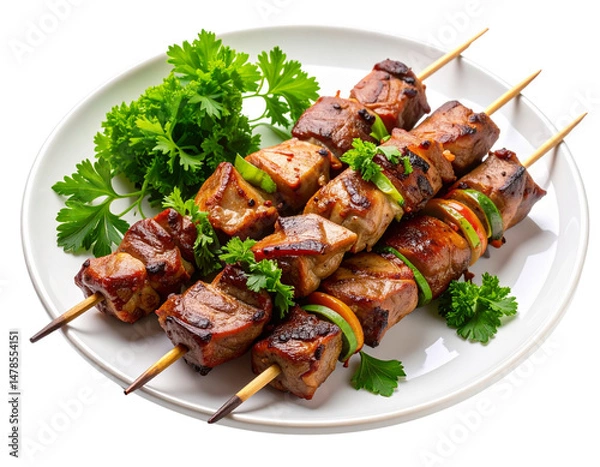 Fototapeta Grilled Meat Skewers with Parsley Garnish on Plate, Isolated on Transparent Background