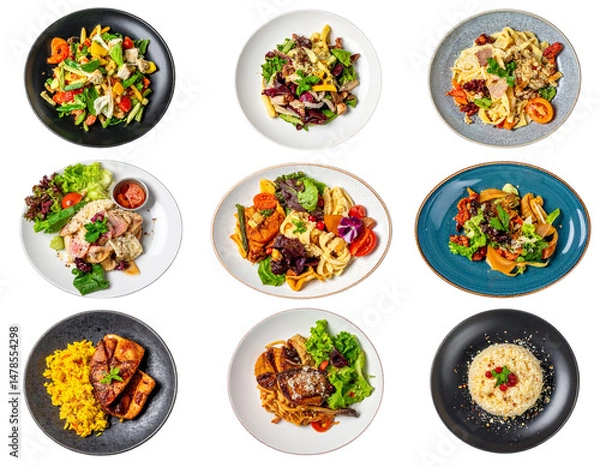 Fototapeta Top View Set of Assorted Dishes on Plates, Isolated on Transparent Background