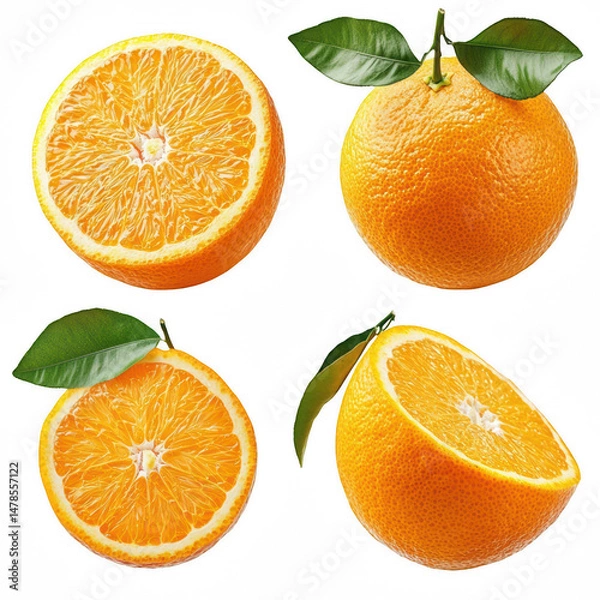 Fototapeta Fresh Oranges Sliced and Whole with Green Leaves Isolated on Transparent Background