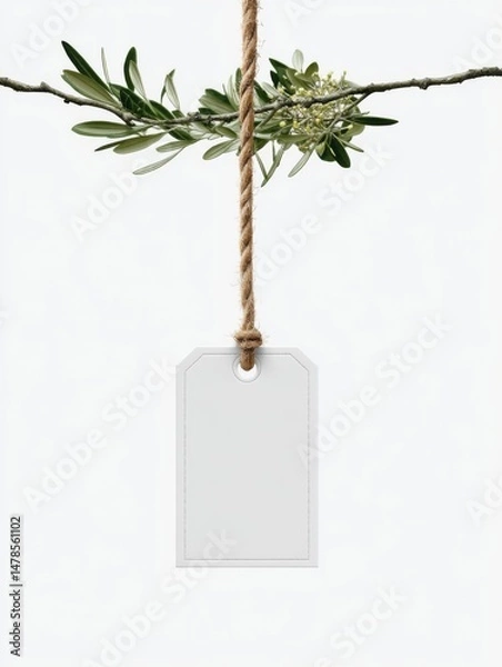 Fototapeta Blank white tag hanging from rope and olive branch against white background studio shot for mockup or product presentation