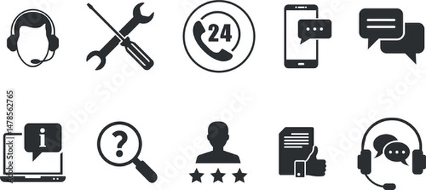 Fototapeta Customer Support, Service Icons Set.  phone, email, live chat, troubleshooting,
feedback icons. customer service, Customer Care. solid icons set