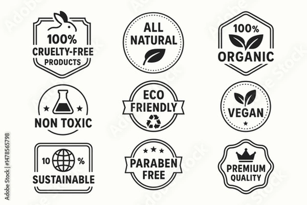 Fototapeta Vegan, cruelty-free, and eco friendly product certification labels and natural ingredient vector badges set