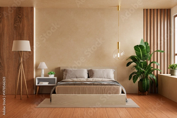 Obraz Minimalist bedroom design featuring a neutral-toned bed, wood paneling, indoor plants, and cozy lighting- 3D rendering