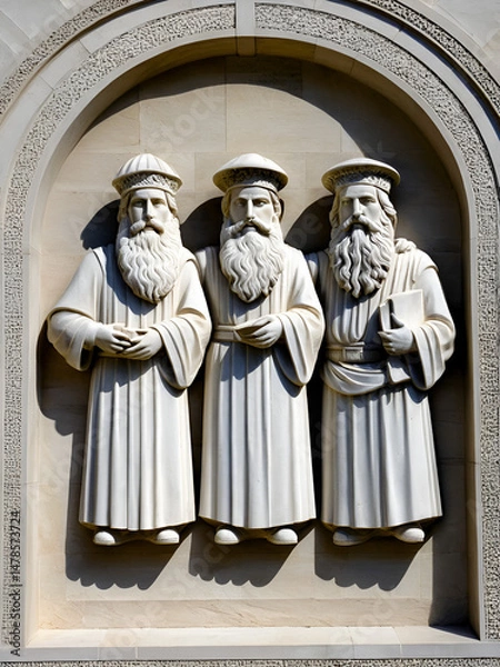 Fototapeta Triumvirate: Bas-Relief Sculpture Featuring Three Bearded Figures in Caps