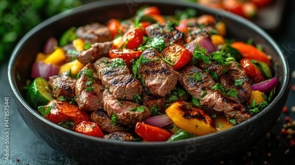 Fototapeta Grilled beef and vegetable medley in a bowl.  A vibrant mix of grilled meat and colorful vegetables