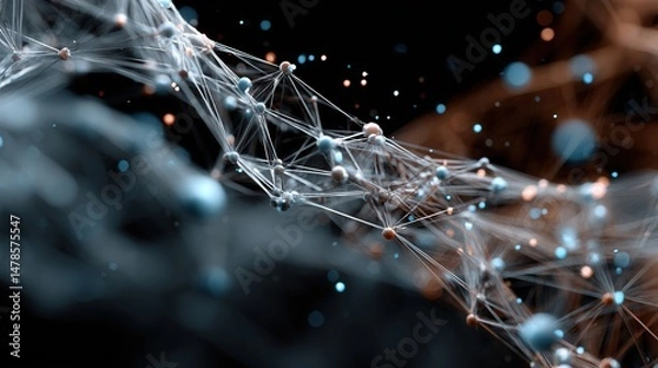 Fototapeta Abstract 3D render of a neural network with glowing AI nodes and floating data particles, connected in a digital web under cinematic lighting.