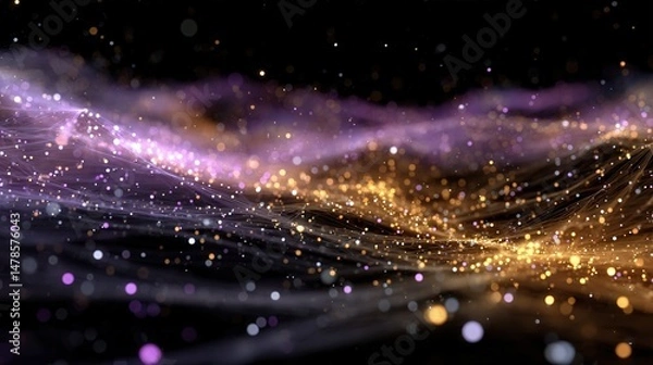 Fototapeta Abstract 3D render of a neural network with glowing AI nodes and floating data particles, connected in a digital web under cinematic lighting.