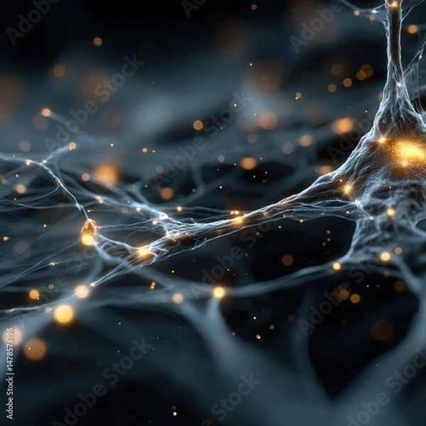 Fototapeta Abstract 3D render of a neural network with glowing AI nodes and floating data particles, connected in a digital web under cinematic lighting.