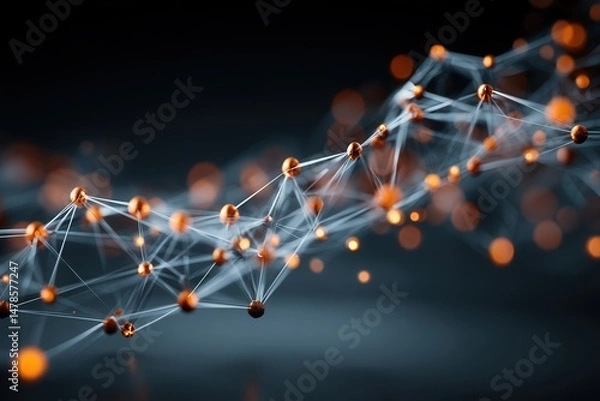 Fototapeta Abstract 3D render of a neural network with glowing AI nodes and floating data particles, connected in a digital web under cinematic lighting.