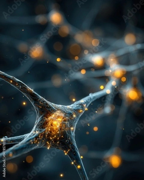 Fototapeta Abstract 3D render of a neural network with glowing AI nodes and floating data particles, connected in a digital web under cinematic lighting.