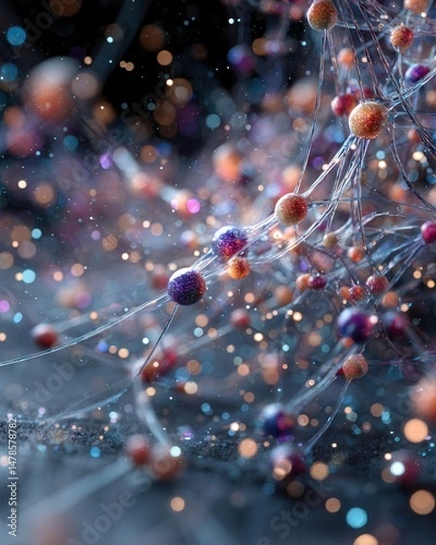 Fototapeta Abstract 3D render of a neural network with glowing AI nodes and floating data particles, connected in a digital web under cinematic lighting.