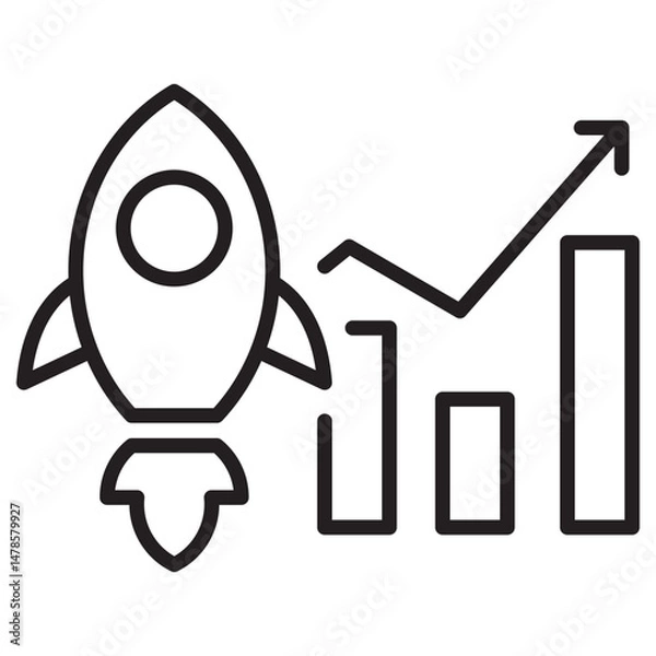 Fototapeta Vector illustration of rocket with graph in linear style suitable for startup growth icon