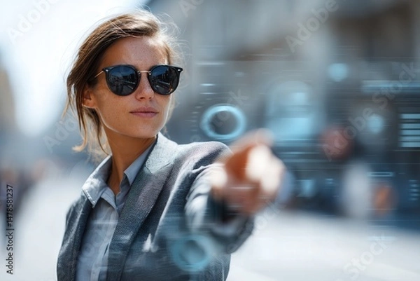 Fototapeta Confident businesswoman in a smart suit interacts with floating augmented reality interface while walking through a luminous futuristic city street at night.