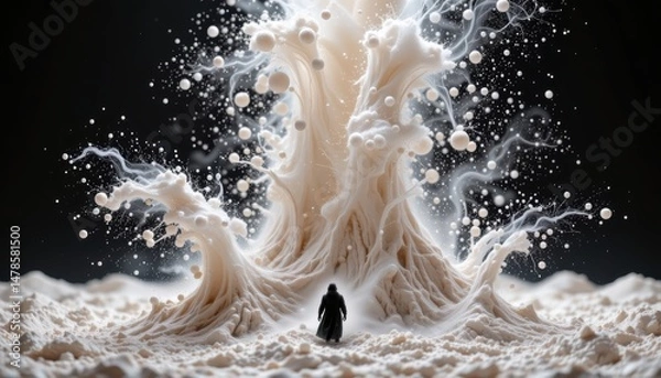 Fototapeta Surreal Abstract Scene of a Man Standing Before an Explosive White Tree of Powder Formations
