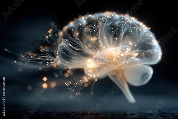 Fototapeta Macro shot of a glowing digital brain with circuit-like neurons illuminated in vibrant light patterns against a dark background, ultra-high detail.