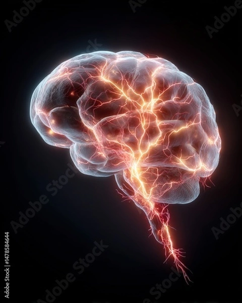 Fototapeta Macro shot of a glowing digital brain with circuit-like neurons illuminated in vibrant light patterns against a dark background, ultra-high detail.