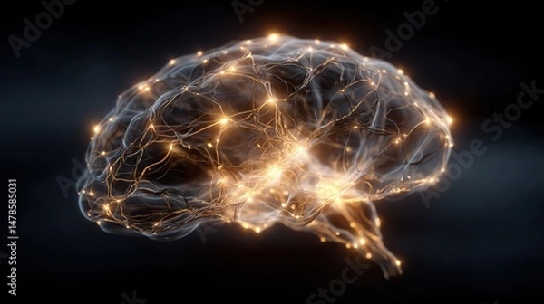 Fototapeta Macro shot of a glowing digital brain with circuit-like neurons illuminated in vibrant light patterns against a dark background, ultra-high detail.