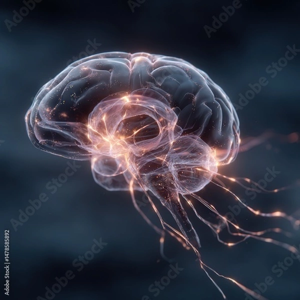 Fototapeta Macro shot of a glowing digital brain with circuit-like neurons illuminated in vibrant light patterns against a dark background, ultra-high detail.
