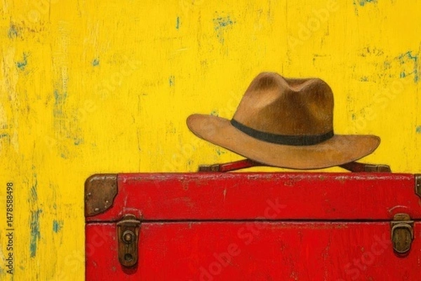 Fototapeta Vintage hat with red suitcase, and yellow wall.