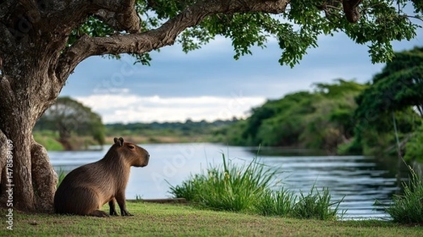 Fototapeta Capybara by river under tree