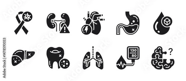 Obraz Bold black glyph icons representing various human diseases. Ideal for infographics, healthcare interfaces, and emergency signage.