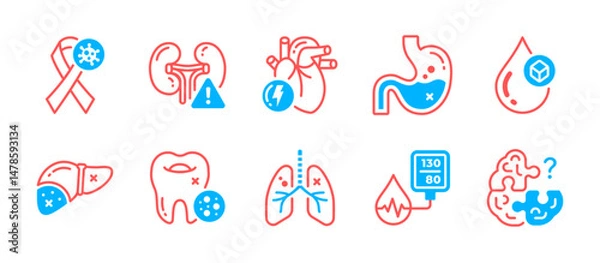 Obraz Stylish dual tone icons featuring diseases such as hypertension, blood sugar, and Alzheimer. Ideal for medical infographics and presentations.