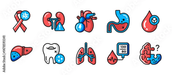 Obraz Colorful icons with line art style. Illustrates various diseases including liver, dental, and respiratory issues. Great for educational medical content.