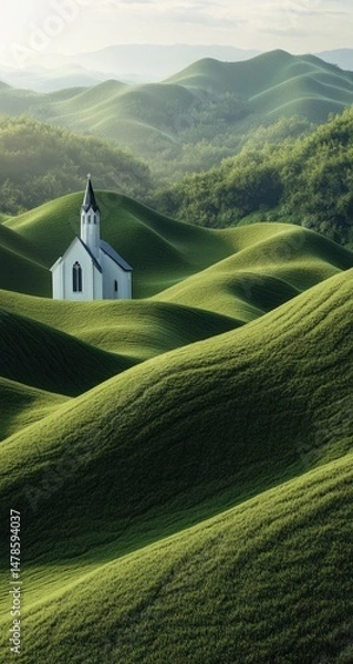Fototapeta White Chapel with Rolling Hills, and Sunrise.