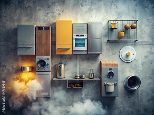 Fototapeta Modern Appliances in Foggy Concrete Setting - Drone Aerial View Stock Photo